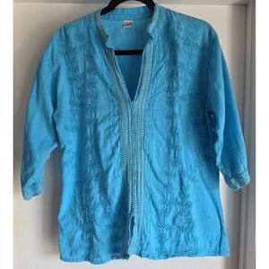 Laddi Women Blouse Size L Blue Floral Cotton 3/4 Sleeve